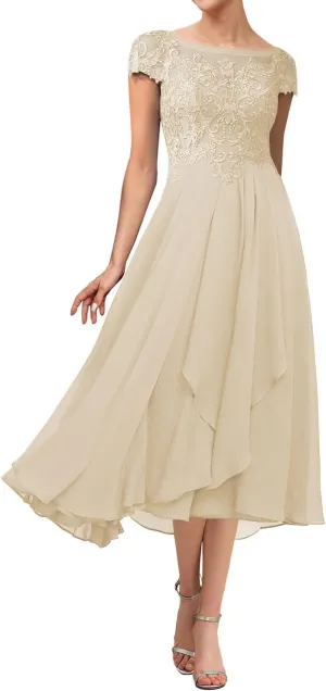 Tea Length Mother of The Bride Dresses for Wedding Lace Wedding Guest Dresses for Women Applique Ruffles Cap Sleeve