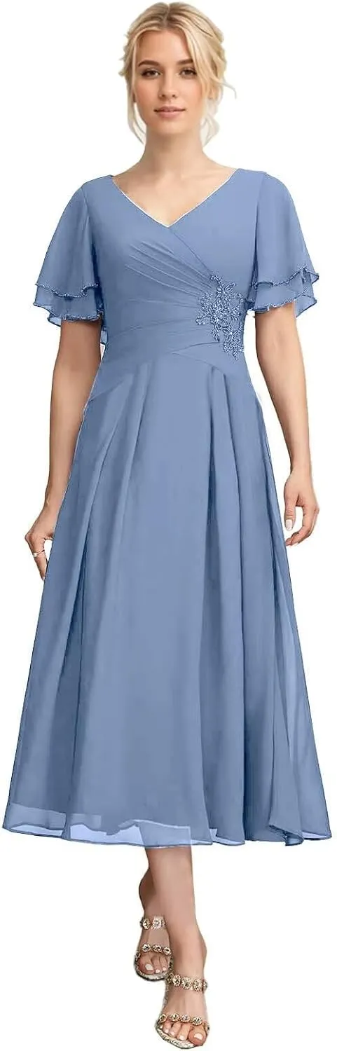 Tea Length Mother of The Bride Dresses V-Neck Chiffon Pleated Formal Evening Gowns A-Line Wedding Guest Dress