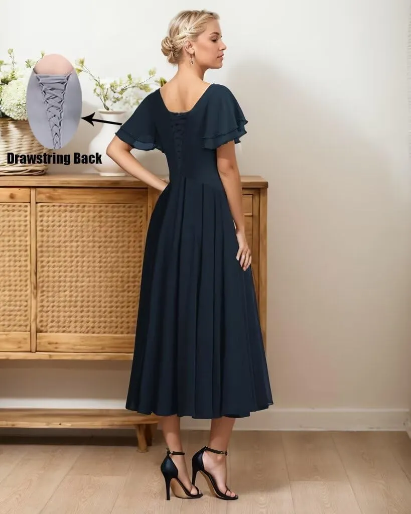 Tea Length Mother of The Bride Dresses V-Neck Chiffon Pleated Formal Evening Gowns A-Line Wedding Guest Dress