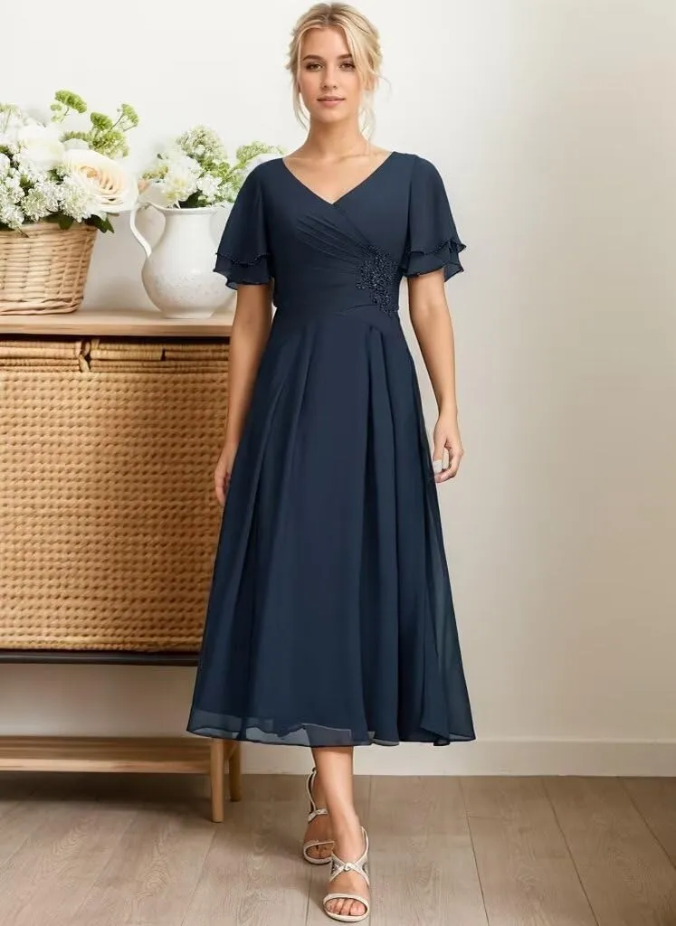 Tea Length Mother of The Bride Dresses V-Neck Chiffon Pleated Formal Evening Gowns A-Line Wedding Guest Dress
