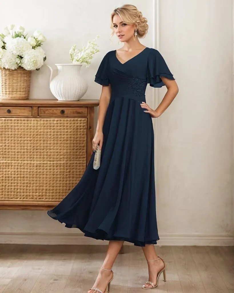 Tea Length Mother of The Bride Dresses V-Neck Chiffon Pleated Formal Evening Gowns A-Line Wedding Guest Dress