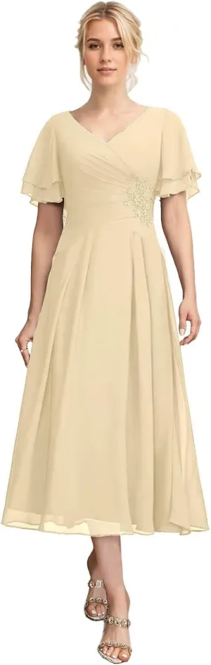 Tea Length Mother of The Bride Dresses V-Neck Chiffon Pleated Formal Evening Gowns A-Line Wedding Guest Dress