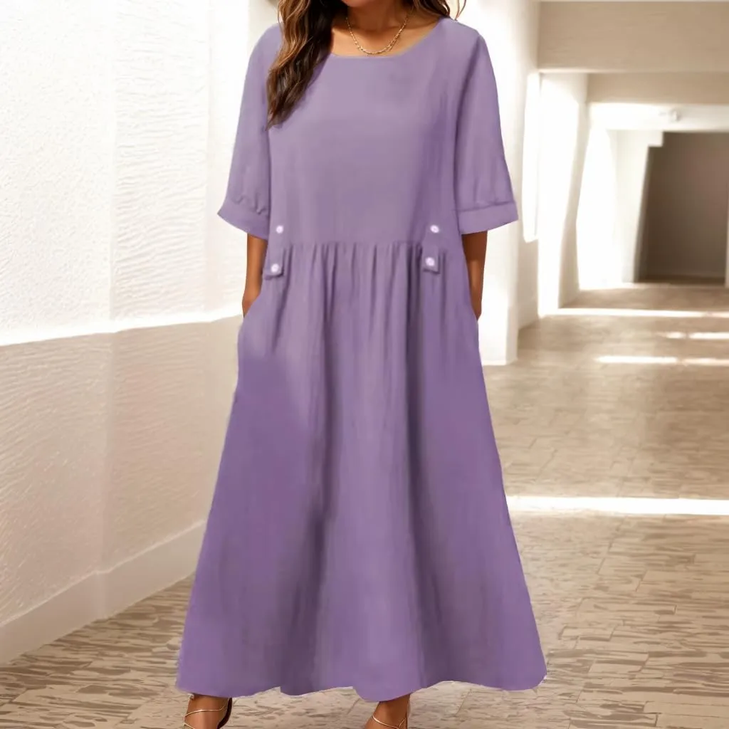 TIAFORD Women's Casual Loose Half Sleeve Cotton Linen Midi Dress Summer Side Button Beach Sundresses for Women 2024