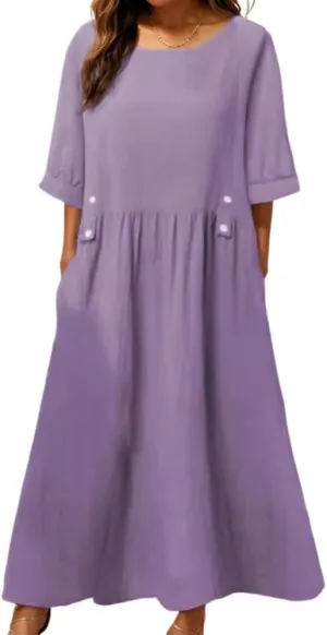 TIAFORD Women's Casual Loose Half Sleeve Cotton Linen Midi Dress Summer Side Button Beach Sundresses for Women 2024