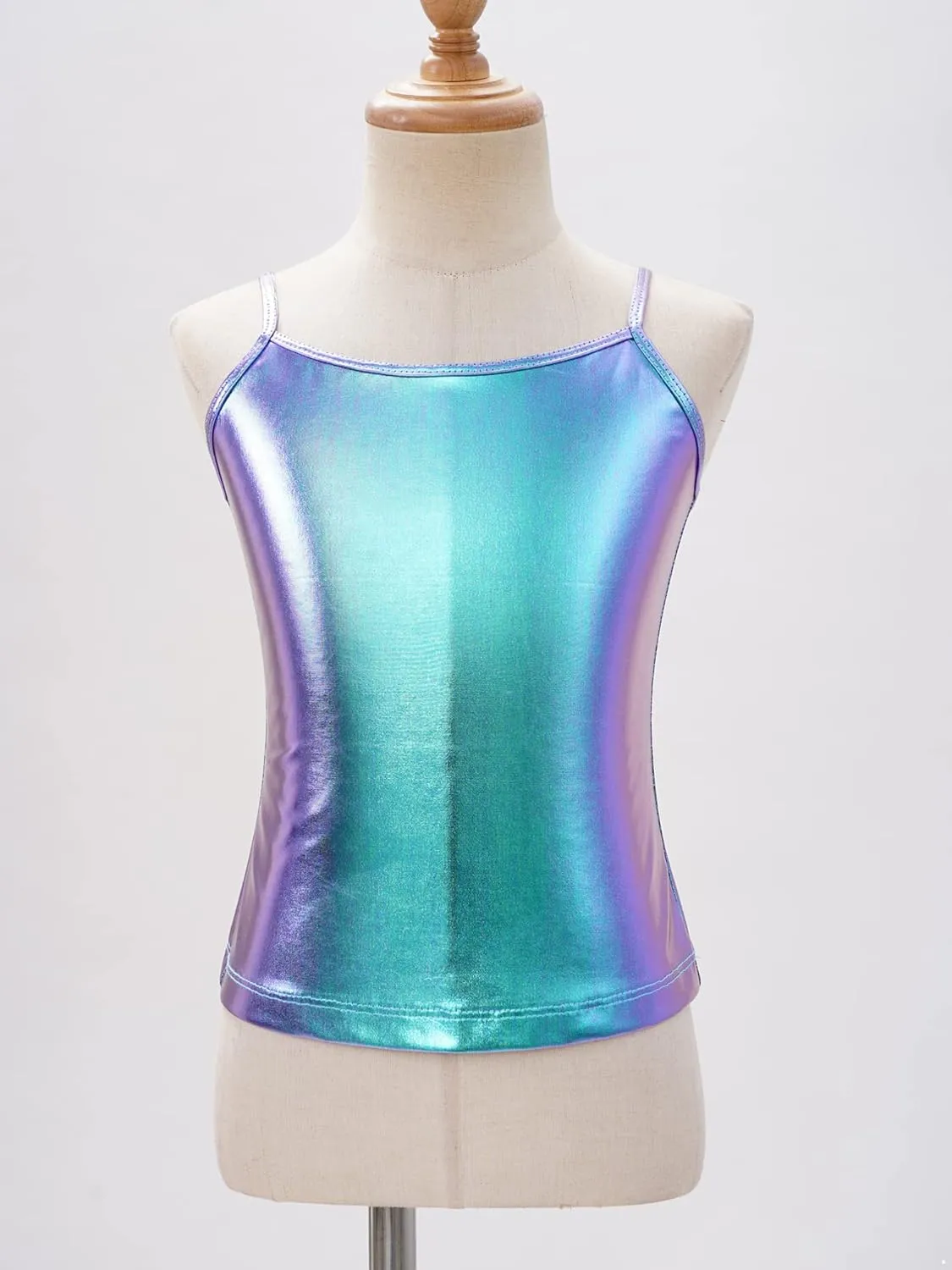 TiaoBug Girls Shiny Metallic Dance Crop Tops Sleeveless Camisole Tank Tops Jazz Dancing Performance Shirt