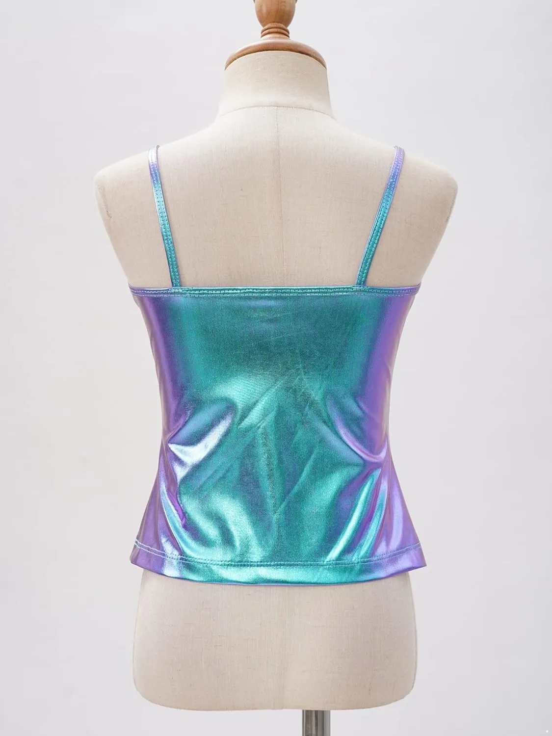 TiaoBug Girls Shiny Metallic Dance Crop Tops Sleeveless Camisole Tank Tops Jazz Dancing Performance Shirt