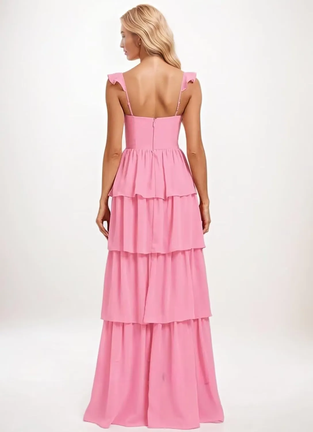 Tiered Ruffle Bridesmaid Dresses for Women 2025 A Line V Neck Long Chiffon Formal Dress with Slit