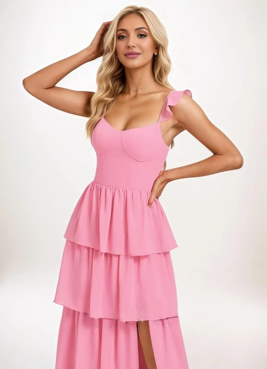 Tiered Ruffle Bridesmaid Dresses for Women 2025 A Line V Neck Long Chiffon Formal Dress with Slit