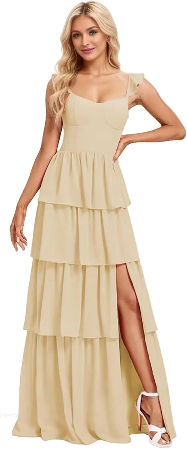 Tiered Ruffle Bridesmaid Dresses for Women 2025 A Line V Neck Long Chiffon Formal Dress with Slit