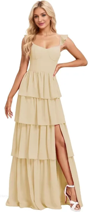 Tiered Ruffle Bridesmaid Dresses for Women 2025 A Line V Neck Long Chiffon Formal Dress with Slit
