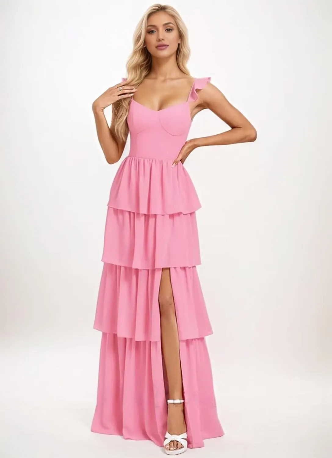 Tiered Ruffle Bridesmaid Dresses for Women 2025 A Line V Neck Long Chiffon Formal Dress with Slit