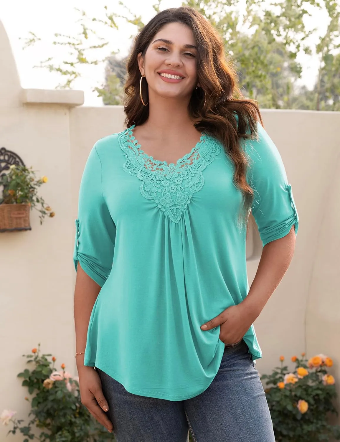 Tralilbee Women's Plus Size Tunic Tops 3/4 Roll Sleeve Shirts Lace Crochet V Neck Casual Blouses