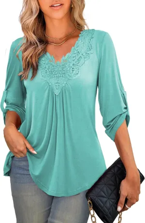 Tralilbee Women's Plus Size Tunic Tops 3/4 Roll Sleeve Shirts Lace Crochet V Neck Casual Blouses