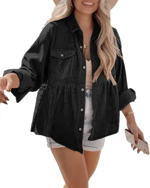 Tutorutor Womens Corduroy Shirts Casual Long Sleeve Button Down Blouses Tunic Babydoll Dress Loose Pocket Jacket Shackets