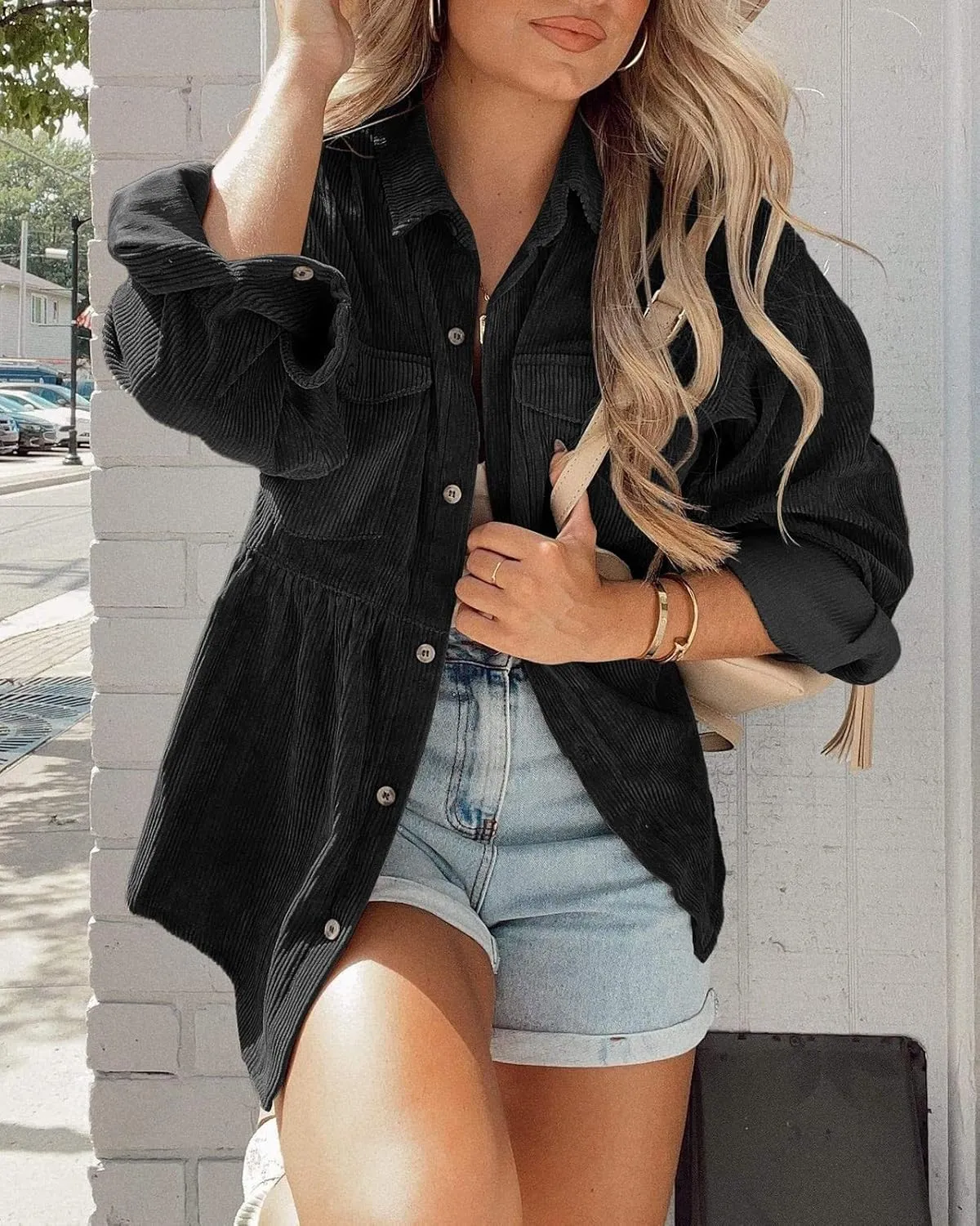 Tutorutor Womens Corduroy Shirts Casual Long Sleeve Button Down Blouses Tunic Babydoll Dress Loose Pocket Jacket Shackets
