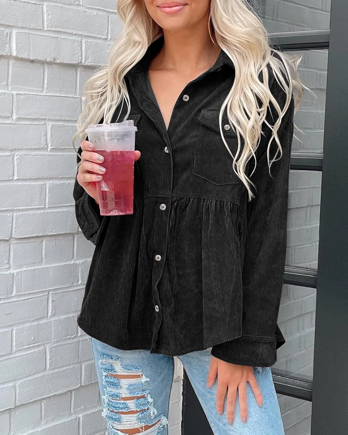 Tutorutor Womens Corduroy Shirts Casual Long Sleeve Button Down Blouses Tunic Babydoll Dress Loose Pocket Jacket Shackets