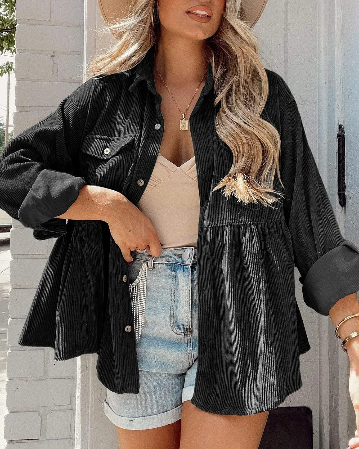 Tutorutor Womens Corduroy Shirts Casual Long Sleeve Button Down Blouses Tunic Babydoll Dress Loose Pocket Jacket Shackets