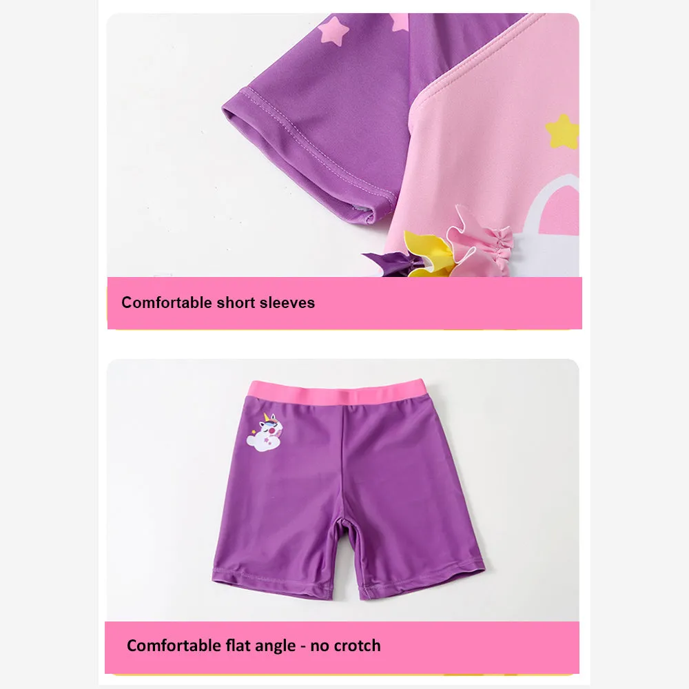 Unicorn Theme Swimsuit and Swim Cap for Kids- 2Pcs (UPF 50 &A) - 120 - Purple