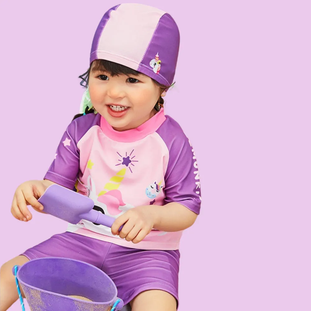 Unicorn Theme Swimsuit and Swim Cap for Kids- 2Pcs (UPF 50 &A) - 120 - Purple