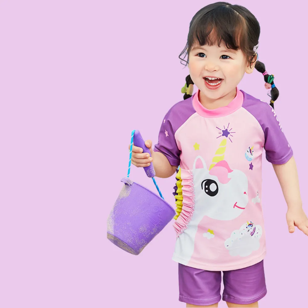 Unicorn Theme Swimsuit and Swim Cap for Kids- 2Pcs (UPF 50 &A) - 120 - Purple