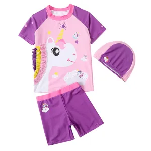 Unicorn Theme Swimsuit and Swim Cap for Kids- 2Pcs (UPF 50 &A) - 120 - Purple