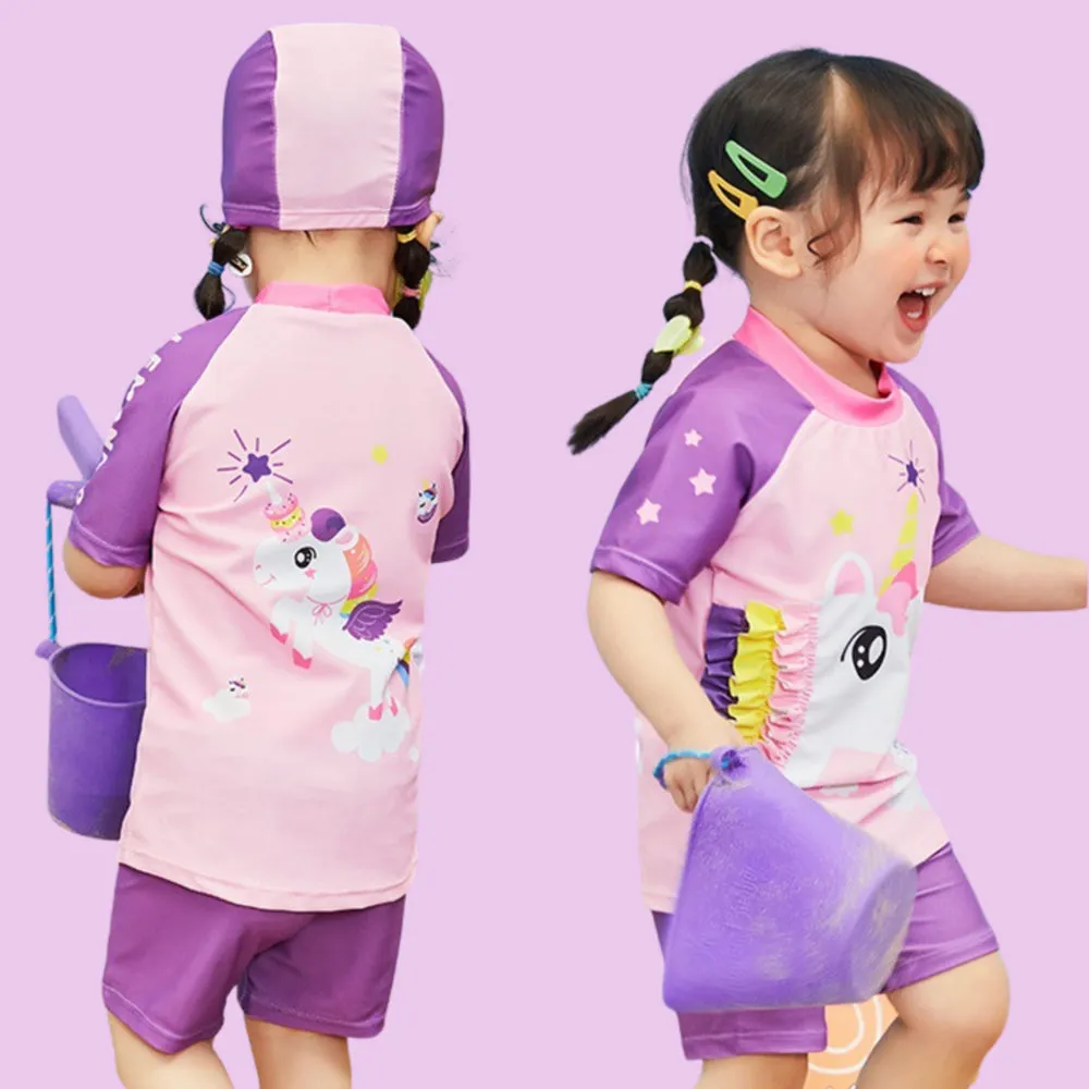 Unicorn Theme Swimsuit and Swim Cap for Kids- 2Pcs (UPF 50 &A) - 120 - Purple