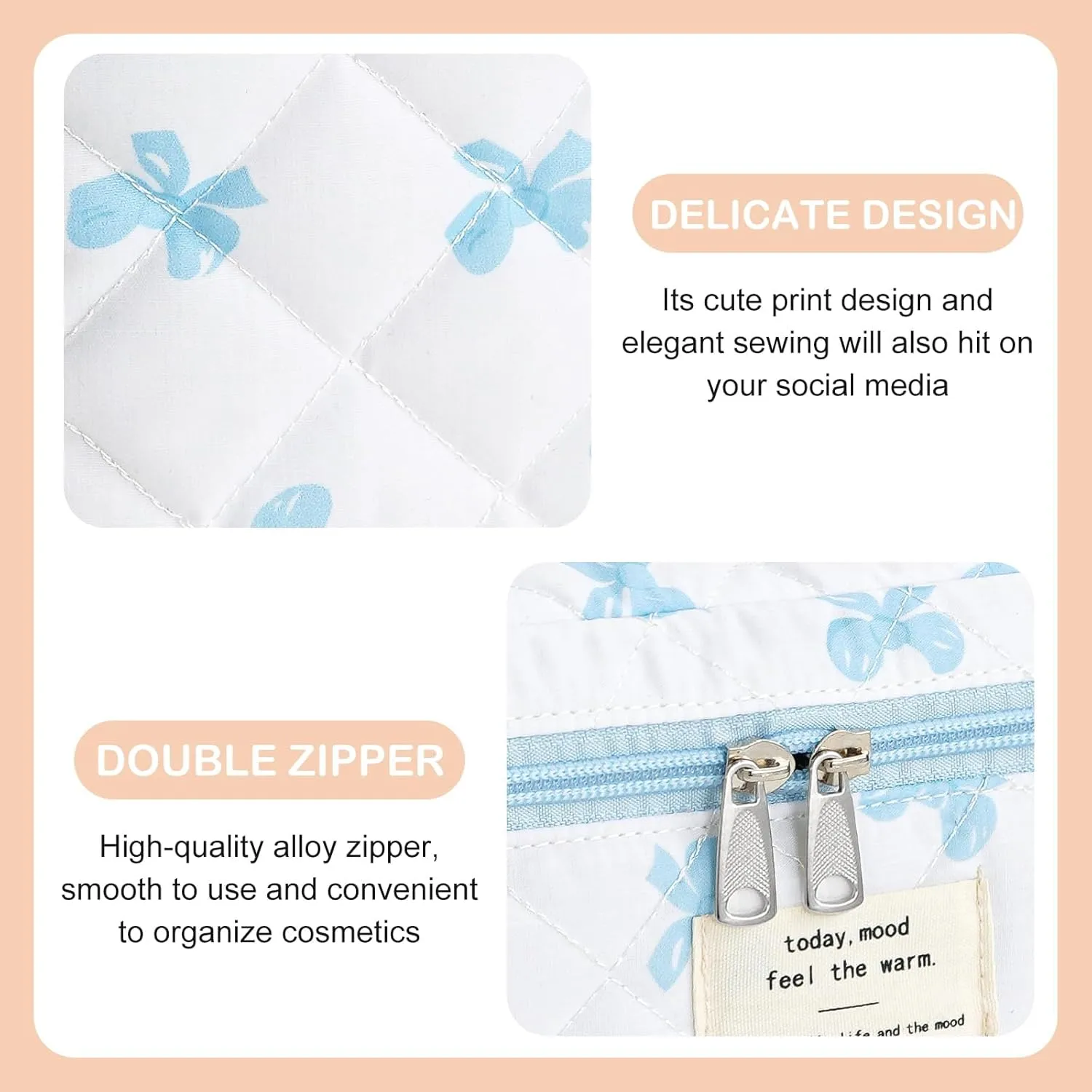 UYUUY Makeup Bag for Women 3PCS Quilted Cotton Make Up Bag Travel Cosmetic Bag Large Makeup Bag Set Cute Blue Bow Makeup Bag Organizer Floral Toiletry Bag Makeup Pouch for Purse