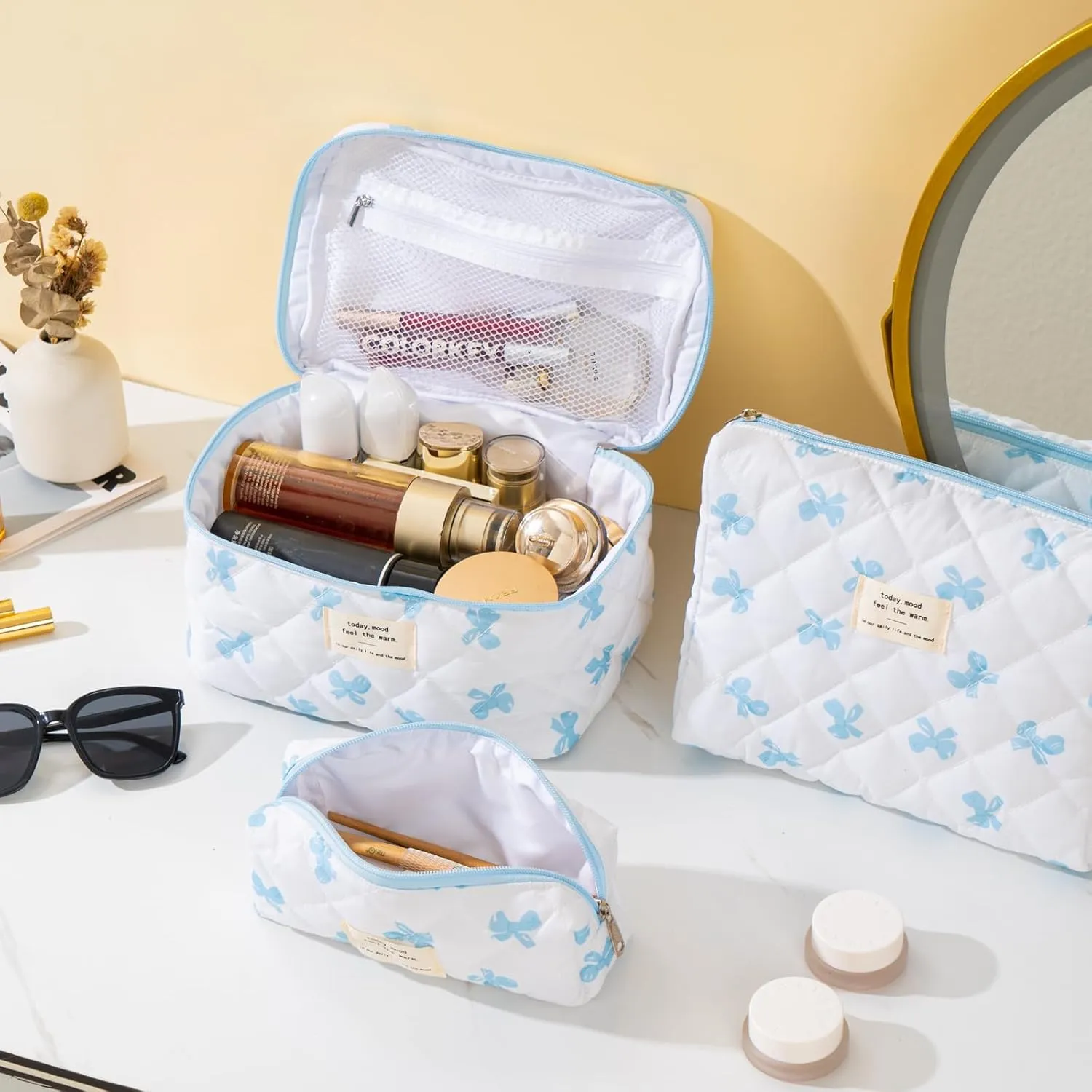 UYUUY Makeup Bag for Women 3PCS Quilted Cotton Make Up Bag Travel Cosmetic Bag Large Makeup Bag Set Cute Blue Bow Makeup Bag Organizer Floral Toiletry Bag Makeup Pouch for Purse