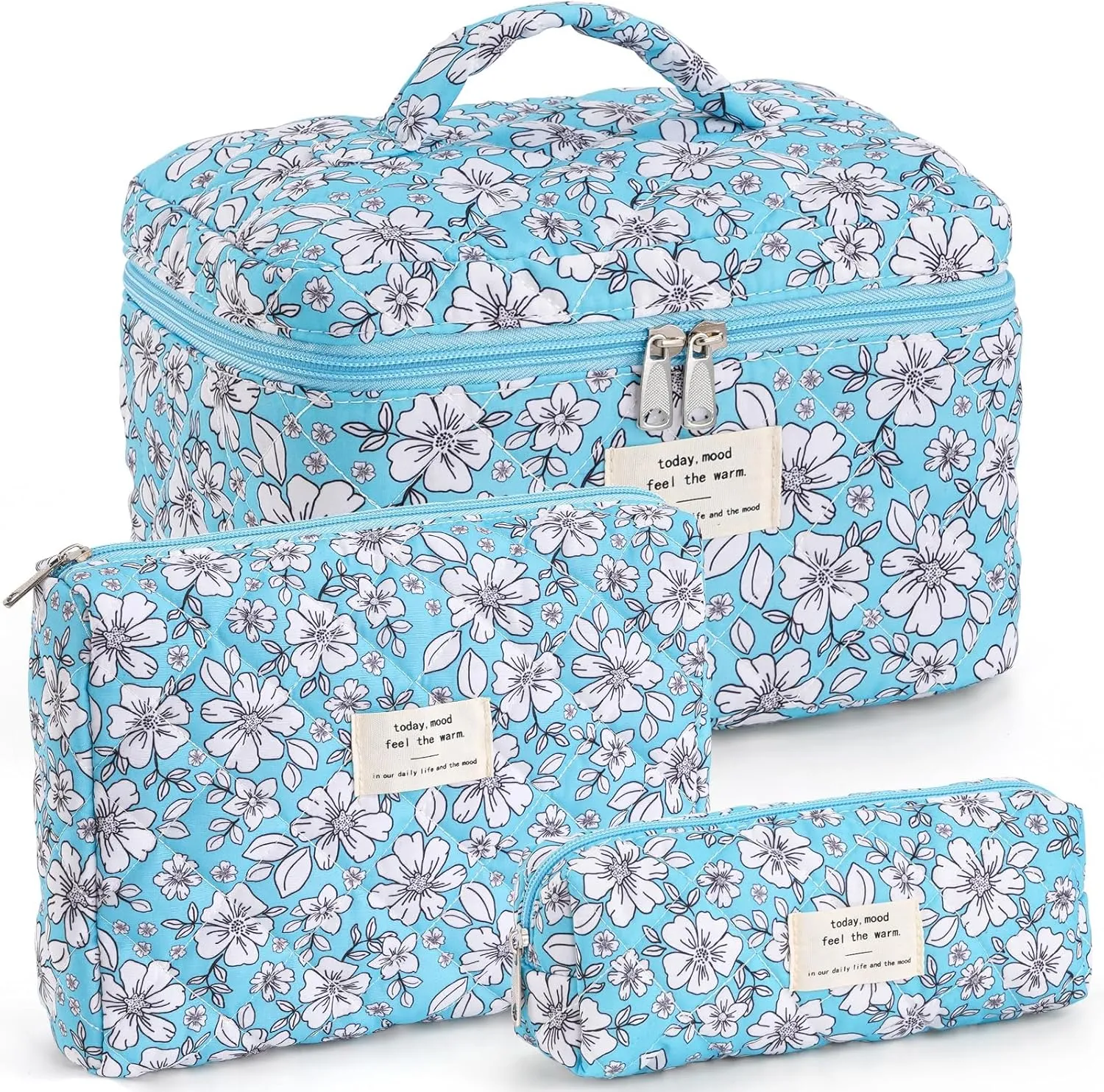 UYUUY Makeup Bag for Women 3PCS Quilted Cotton Make Up Bag Travel Cosmetic Bag Large Makeup Bag Set Cute Makeup Bag Organizer Floral Toiletry Bag Makeup Pouch for Purse, Blue and White