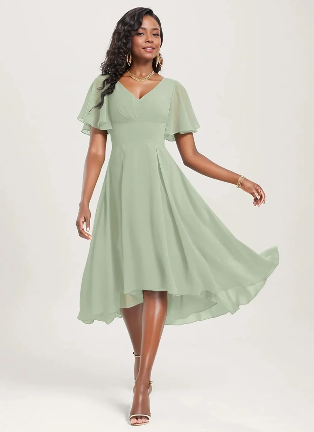 V Neck Chiffon Bridesmaid Dresses Short Sleeve Prom Dress for Women Elegant Tea Length Formal Evening Gown