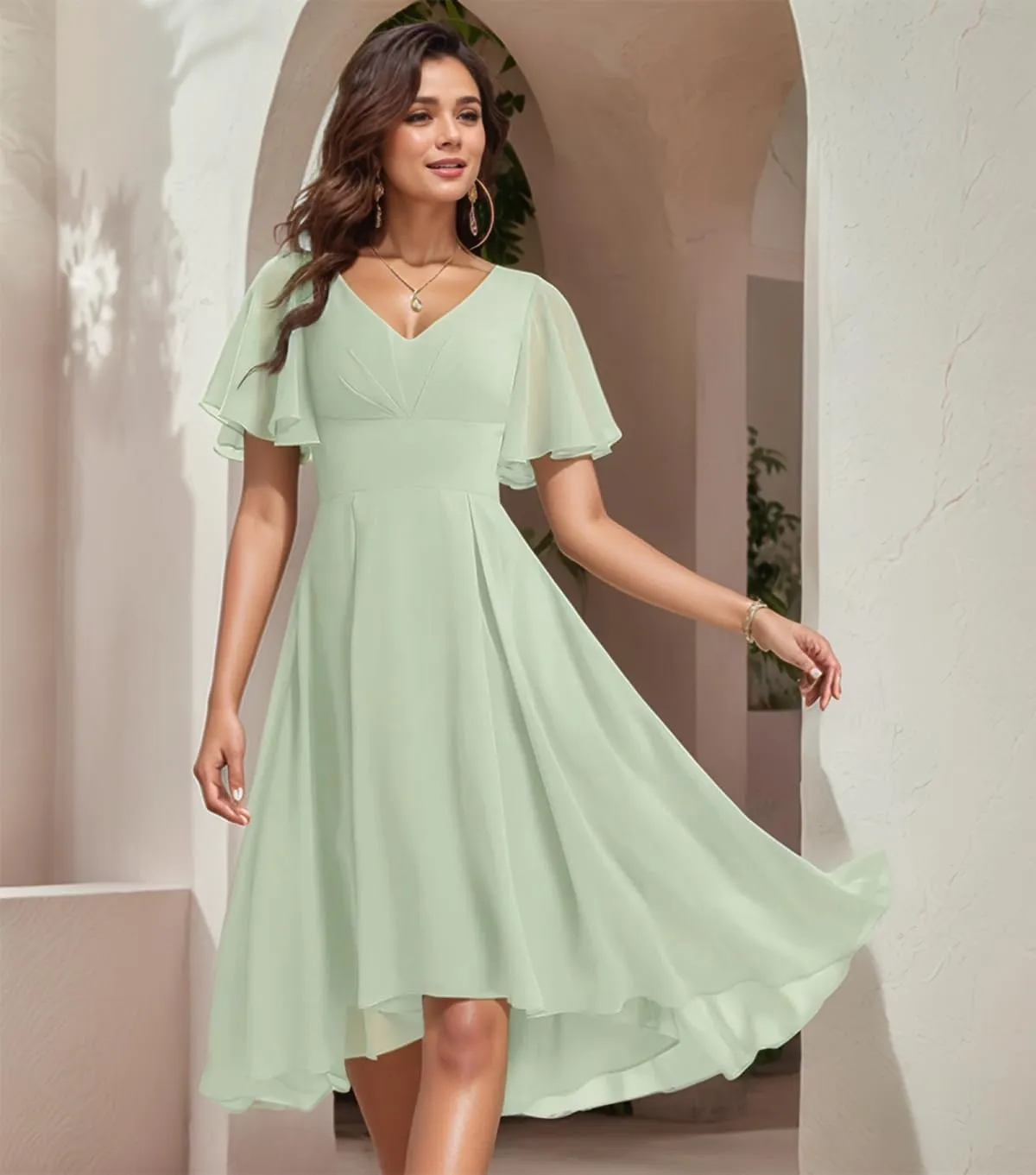 V Neck Chiffon Bridesmaid Dresses Short Sleeve Prom Dress for Women Elegant Tea Length Formal Evening Gown