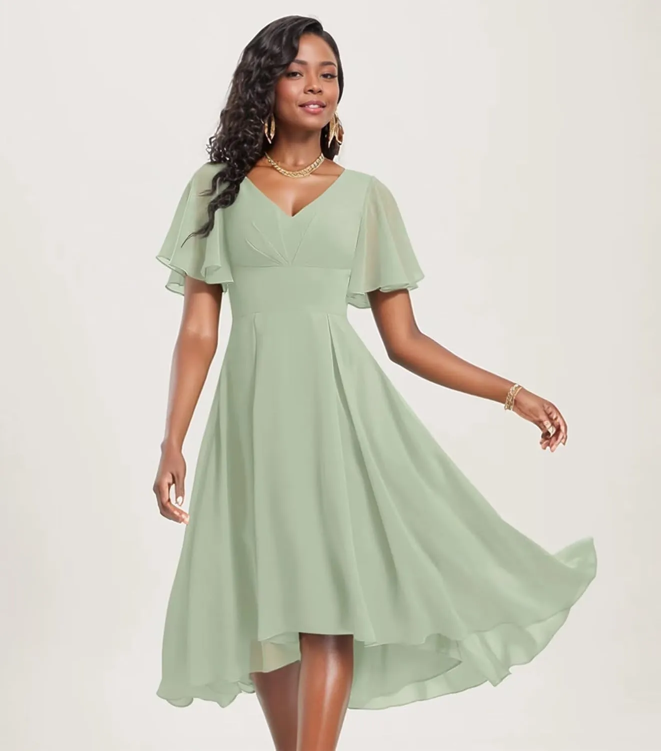 V Neck Chiffon Bridesmaid Dresses Short Sleeve Prom Dress for Women Elegant Tea Length Formal Evening Gown