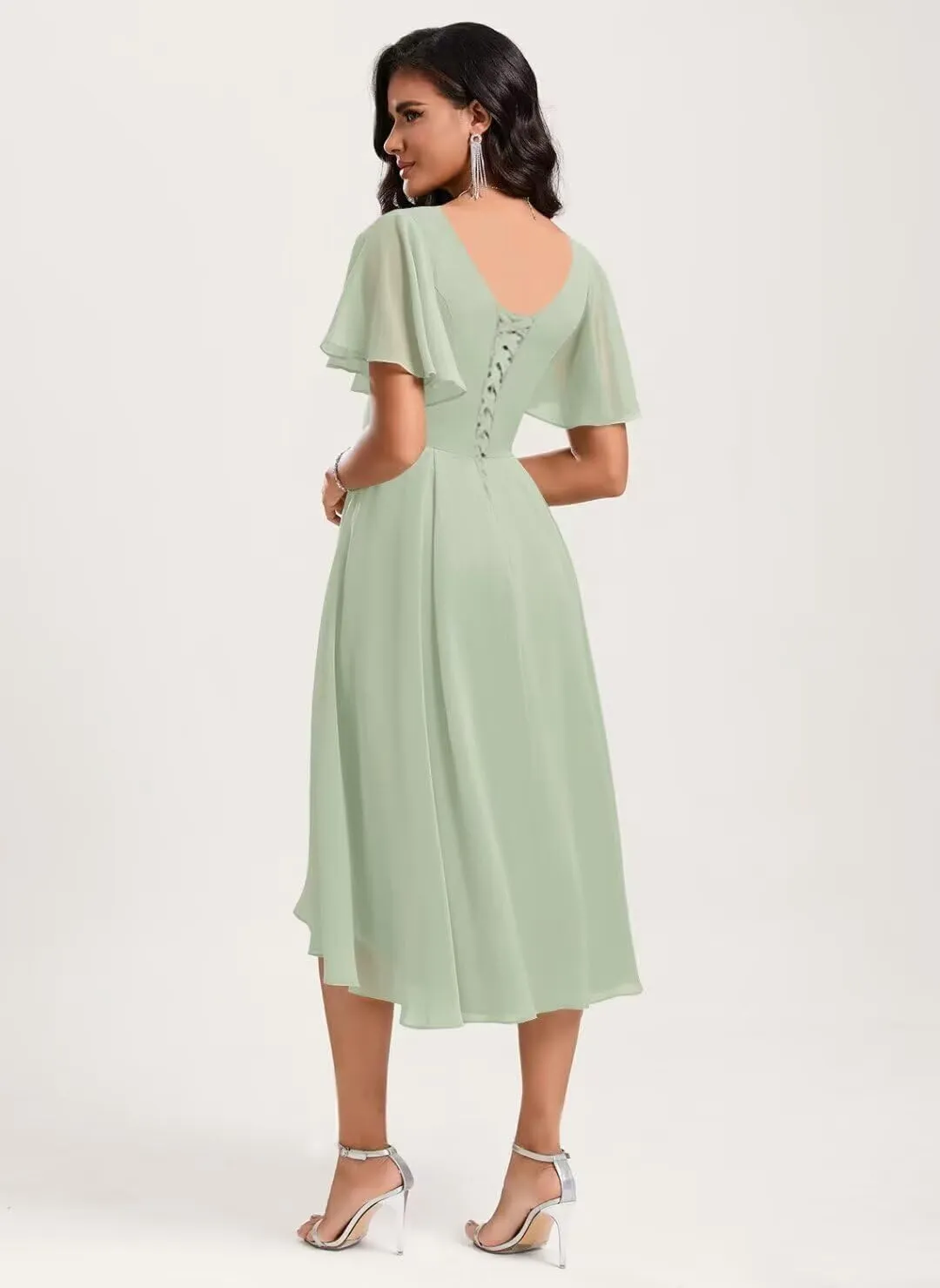 V Neck Chiffon Bridesmaid Dresses Short Sleeve Prom Dress for Women Elegant Tea Length Formal Evening Gown