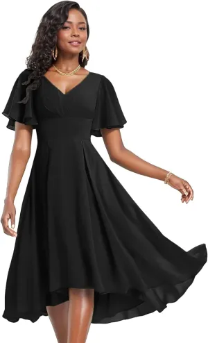 V Neck Chiffon Bridesmaid Dresses Short Sleeve Prom Dress for Women Elegant Tea Length Formal Evening Gown