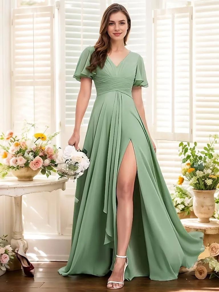 V-Neck Flutter Sleeves Bridesmaid Dress with Pockets A-Line Long Chiffon Formal Party Dresses with Slit