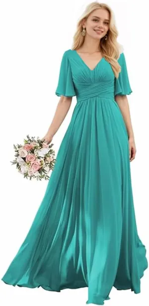 V-Neck Flutter Sleeves Bridesmaid Dress with Pockets A-Line Long Chiffon Formal Party Dresses with Slit