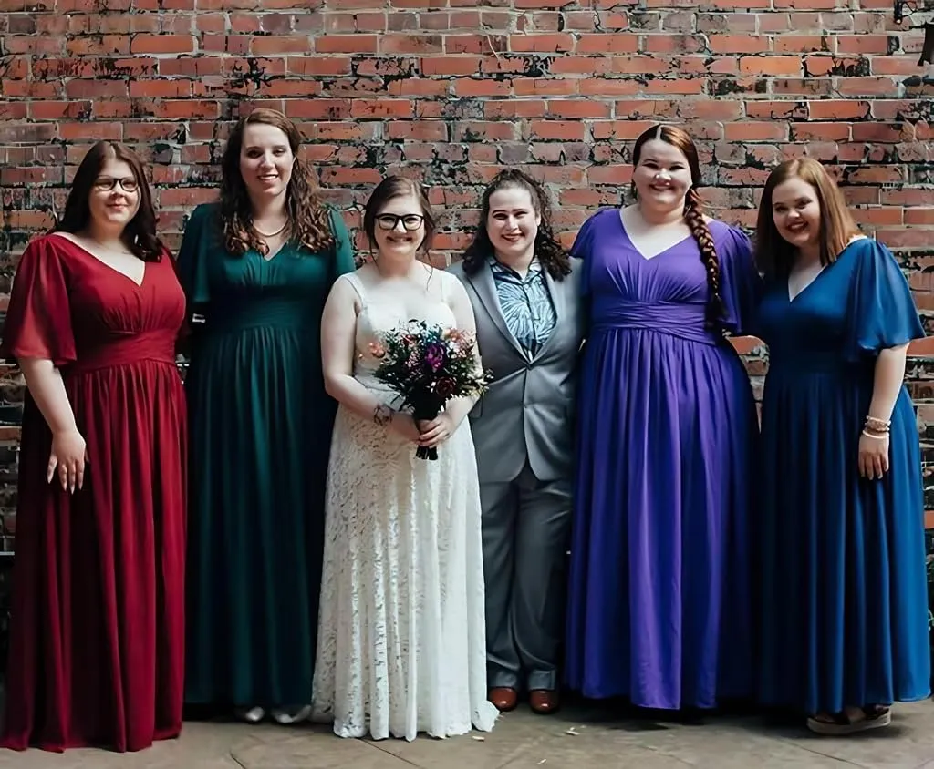 V-Neck Flutter Sleeves Bridesmaid Dress with Pockets A-Line Long Chiffon Formal Party Dresses with Slit