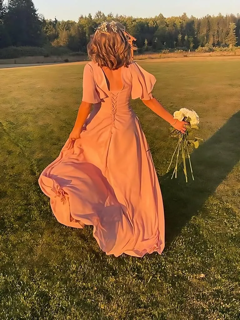 V-Neck Flutter Sleeves Bridesmaid Dress with Pockets A-Line Long Chiffon Formal Party Dresses with Slit