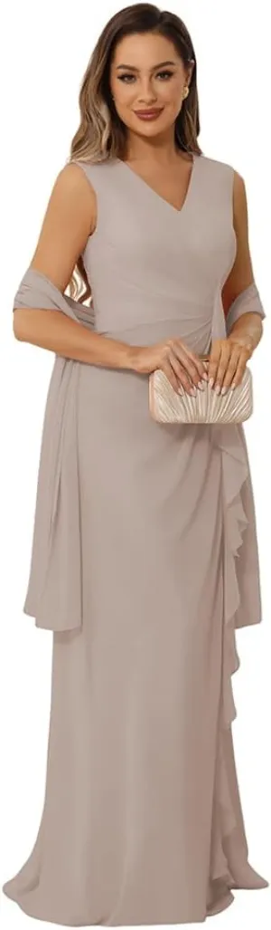 V Neck Mother of The Bride Dresses Chiffon Plus Size Ruffle Mother of The Groom Dresses Wedding Evening Gowns 18W Taupe