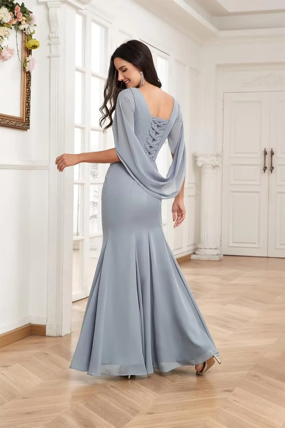 VCCICANY Cape Sleeve Mermaid Chiffon Mother of The Bride Dresses for Wedding Long Pleated Mother of The Groom Dresses