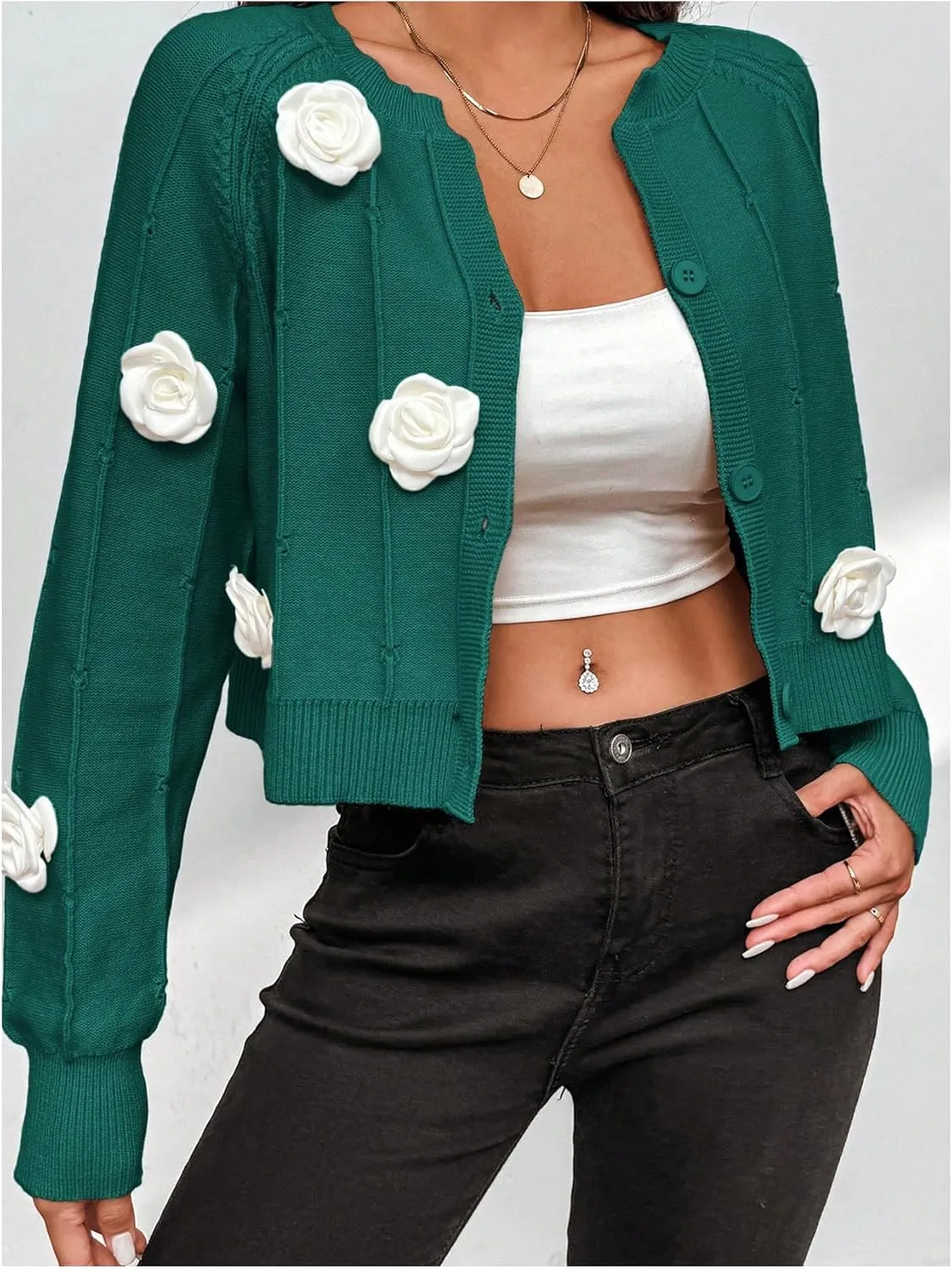 Verdusa Women's Applique 3D Flower Decor Button Front Long Sleeve Round Neck Knit Cardigan Sweater