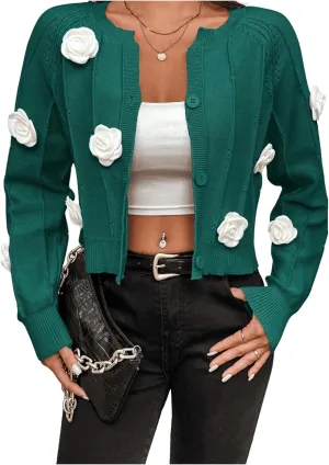 Verdusa Women's Applique 3D Flower Decor Button Front Long Sleeve Round Neck Knit Cardigan Sweater