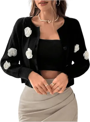 Verdusa Women's Applique 3D Flower Decor Button Front Long Sleeve Round Neck Knit Cardigan Sweater