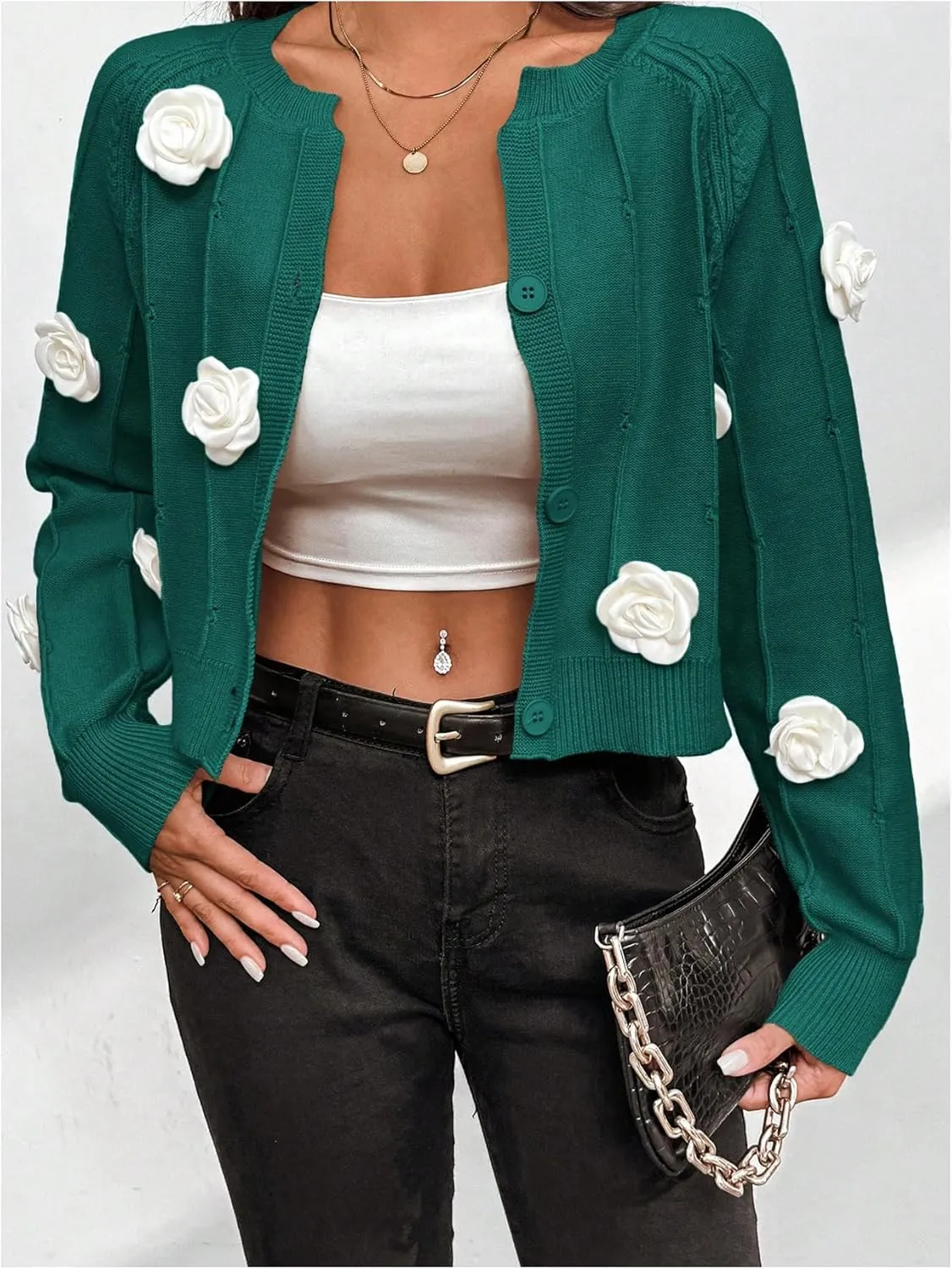 Verdusa Women's Applique 3D Flower Decor Button Front Long Sleeve Round Neck Knit Cardigan Sweater
