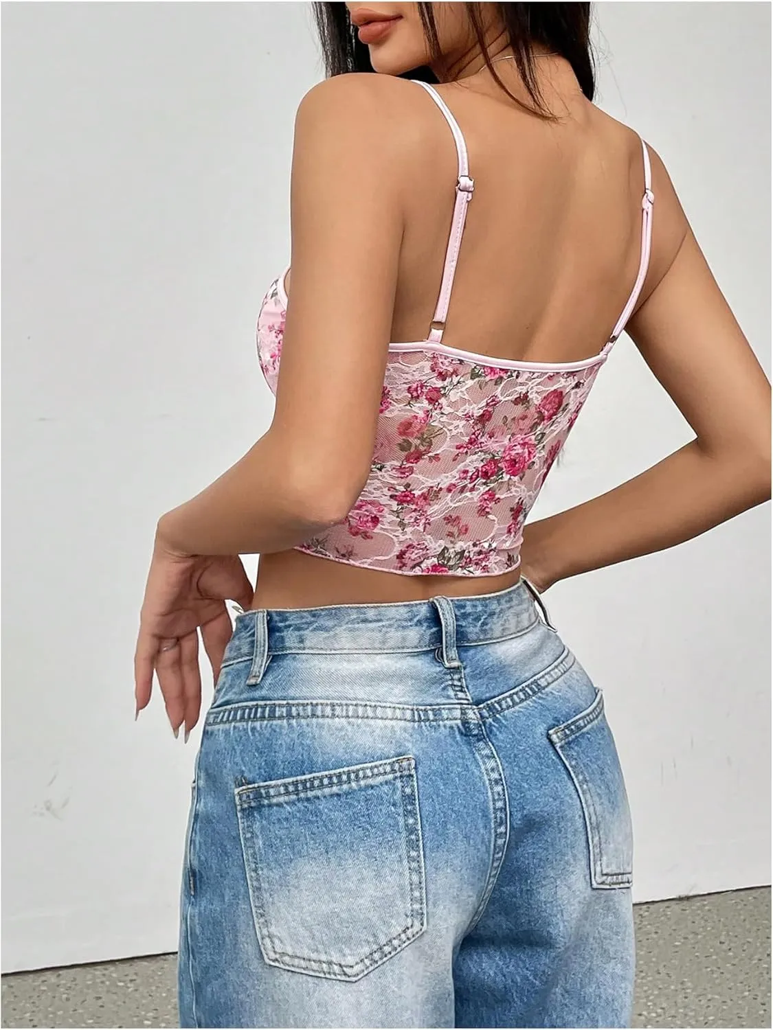 Verdusa Women's Floral Print Lace Mesh Camisole Tops See Through Scoop Neck Sleeveless Crop Tops