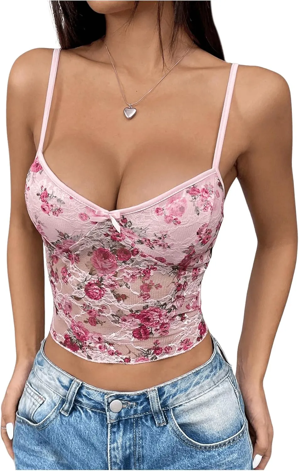 Verdusa Women's Floral Print Lace Mesh Camisole Tops See Through Scoop Neck Sleeveless Crop Tops