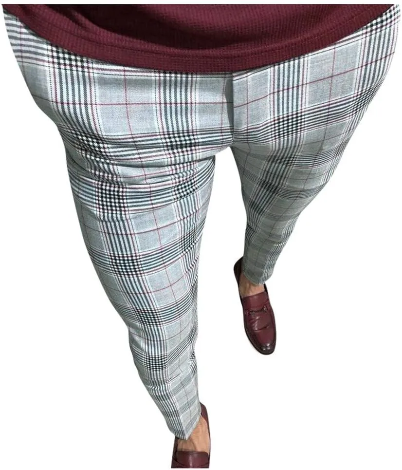 WABEOR Mens Chinos Pants Slim Fit Stretch Striped Plaid Dress Pants Casual Business Big and Tall Flat Front Skinny Trousers Red