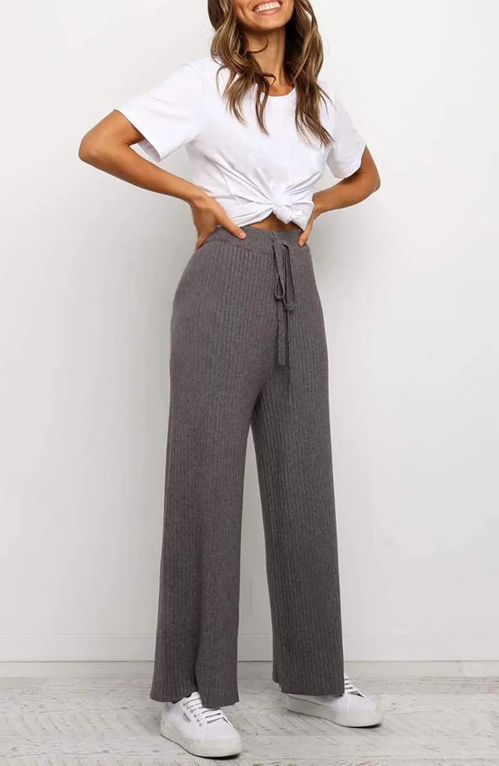 Waitfairy Womens Solid Rib Knit Wide Leg Pants Elastic Waist Flowy Sweater Pants