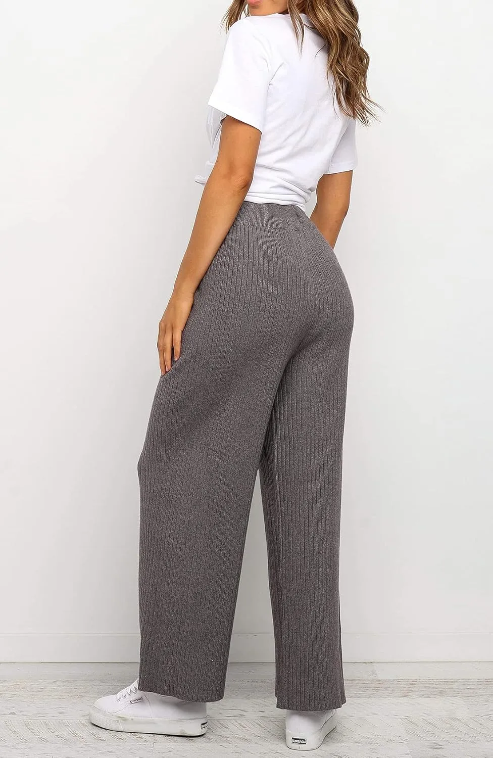 Waitfairy Womens Solid Rib Knit Wide Leg Pants Elastic Waist Flowy Sweater Pants