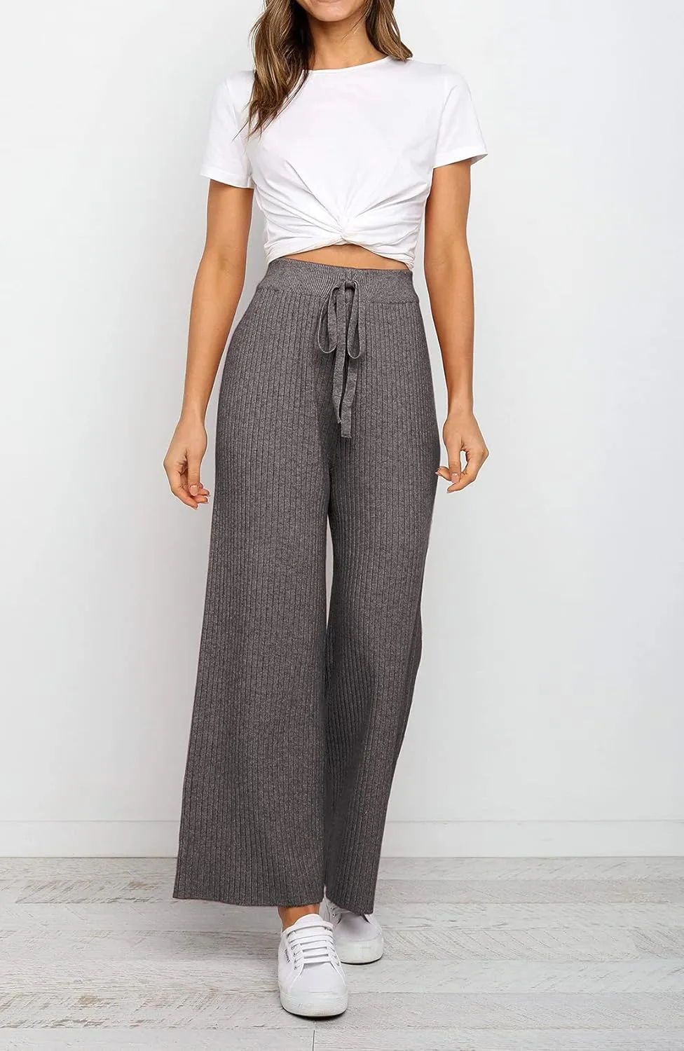 Waitfairy Womens Solid Rib Knit Wide Leg Pants Elastic Waist Flowy Sweater Pants